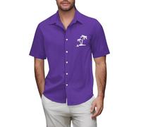 Camicie di lino da uomo a maniche corte camicia in cotone con stampa di palme dell'albero di cocco Top Button Down T-shirt hawaiana T-shirt grafica, Porpora, 4XL
