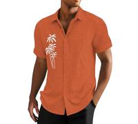 Camicie di lino da uomo a maniche corte camicia in cotone con stampa palma dell'albero di cocco top maglietta hawaiana con bottoni grafici, Arancione, XXL