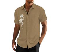 Camicie di lino da uomo a maniche corte camicia in cotone hawaiano con stampa di palme da cocco T-shirt con bottoni Top grafici, Marrone, 5XL