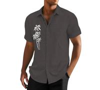 Camicie di lino da uomo a maniche corte camicia in cotone maglietta hawaiana con stampa di palme con albero di cocco magliette grafiche con bottoni, Grigio, 4XL