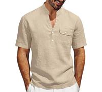 Camicie di lino da uomo a maniche corte estive da spiaggia camicie hawaiane con tasche magliette alla moda con scollo a V da uomo UK Button V Neck Cotton Linen Tops Casual Smart Holiday Clothes, cachi