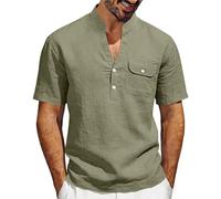 Camicie di lino da uomo a maniche corte estive da spiaggia camicie hawaiane con tasche magliette alla moda con scollo a V da uomo UK Button V Neck Cotton Linen Tops Casual Smart Holiday Clothes, Verde