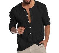 Camicie di lino da uomo Casual Button Down Manica Lunga Casual Camicie a maniche lunghe Button Down Summer Beach Shirt Full T Uomo Camicia di lino Regular Fit Formale Business, Nero , XL