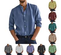 Camicie di lino da uomo UK alla moda con colletto alla coreana e bottoni camicie da uomo casual elegante estate versatile vestibilità ampia comoda camicia traspirante per ufficio uso quotidiano, Blu