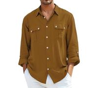 Camicie di lino da uomo UK Retro a maniche lunghe in tinta unita Camicia comoda con colletto con risvolto Camicia allentata casual leggera traspirante con bottoni con tasche sul petto Camicia da