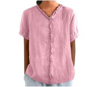 Camicie di lino di cotone per le donne 2025 estate manica corta scollo a V button down top elegante casual oversize magliette estive sciolto casual scollo a V camicetta da spiaggia top, rosa, XL