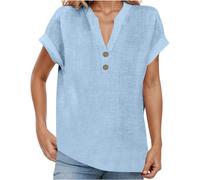 Camicie di lino per le donne Solido 2026 Trendy Manica Corta Button Down Mussola Top Western Leggero Lino Cotone Camicette Contadini Primavera Stand Collar Tuniche Plus Size Estate, E_blue, 4XL