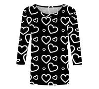 Camicie di San Valentino con maniche a 3/4 da donna maglioni girocollo con stampa a cuore innamorato magliette pullover camicetta casual top magliette per le vacanze Top per uscire, Nero , L