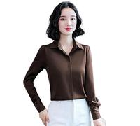 Camicie Di Seta Da Donna - Camicie Casual Da Donna Moda Marrone Vintage Lapel Ufficio Lady Satin Top Bottoni Invisibili Sottili Maniche Lunghe Elegante Streetwear Regali Di Natale, Caffè, S