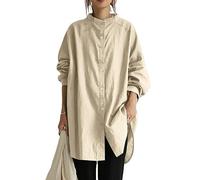 Camicie Donna, Camicetta da Donna in Cotone E Lino Camicie Lunghe Casual Tinta Unita Colletto alla Coreana Camicie con Bottoni Top Vintage Sciolto Tunica A Maniche Lunghe T-Shirt Autunnali Larghe PE