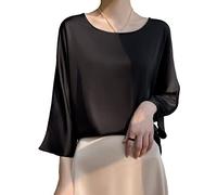 Camicie Donna, Camicetta da Donna in Raso di Seta Estate Elegante Tinta Unita Girocollo Pullover Camicie Top Moda Ampia Manica A 3/4 Tunica Top Casual Formale Festa Camicette da Lavoro T-Shirt,Nero,