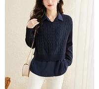 Camicie Donna,Camicia Da Donna Finta In Due Pezzi Retro Blu Scuro Girocollo Rombo Twist Cuciture A Maglia A Righe Camicia Con Risvolto Manica Lunga Casual Elegante Camicetta A Contrasto Pullover Mag