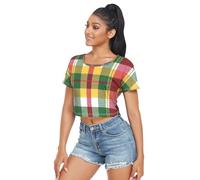 Camicie e magliette sportive da donna a collo largo casual crop top morbido tessuto elastico per primavera estate, Stewart - Plaid scozzese scozzese, L