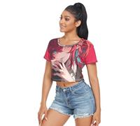 Camicie e magliette sportive da donna a collo largo da donna Athletic Crop Tee imitazione cotone misto modal per tutte le stagioni, Anime Cool Red, S