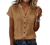 Camicie Estive Donna Camicie in Lino Cotone Maglietta Scollo a V Elegante Curvy Camicia Lavoro Casual Manica Corta Top Camicetta da Spiaggia con Bottoni T Shirt Tinta Unita Classico Estate Mare