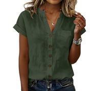 Camicie Estive Donna Camicie in Lino Cotone Maglietta Scollo a V Elegante Curvy Camicia Lavoro Casual Manica Corta Top Camicetta da Spiaggia con Bottoni T Shirt Tinta Unita Classico Estate Mare