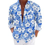 Camicie estive hawaiane da uomo Camicia casual da uomo a vestibilità ampia Camicia con colletto alla coreana Camicia a maniche lunghe con tasca Camicie da spiaggia a fiori Camicie con bottoni Camicie