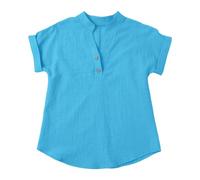 Camicie estive in lino per ragazze camicette a tunica con scollo a V bottoni per bambini top a maniche corte alla moda leggero tinta unita casual maglietta allentata all'aperto, blu cielo, 12-13 Anni