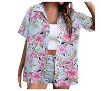 Camicie hawaiane da donna a maniche corte casual tropicale hawaiana palma abbottonata camicia Messico Caraibi estate grafica alla moda divertente crociera camicie bowling fenicottero donna, rosa