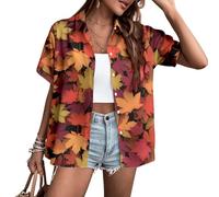 Camicie hawaiane da donna a maniche corte con bottoni e foglie d'acero, stile tropicale, alla moda, estive, da viaggio, Foglie che cadono, 3XL