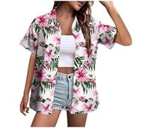 Camicie hawaiane da donna a maniche corte con risvolto caraibico tropicale camicia da spiaggia abbottonata palma hawaiana bowling casual festa estiva anni '80 camicia da crociera bowling divertente