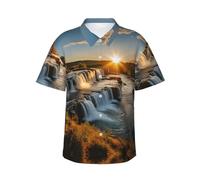 Camicie hawaiane da uomo a maniche corte con stampa al tramonto con cascata islandese, eleganti e essenziali per le vacanze al mare, Nero , M