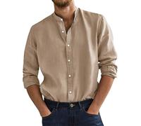 Camicie in cotone e lino da uomo casual a maniche lunghe con colletto Henley e bottoni, camicia elasticizzata in tinta unita, vestibilità aderente, camicia da lavoro per il tempo libero, leggera
