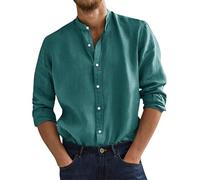 Camicie in cotone e lino da uomo casual a maniche lunghe con colletto Henley e bottoni, camicia elasticizzata in tinta unita, vestibilità aderente, camicia da lavoro per il tempo libero, leggera