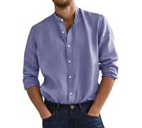 Camicie in cotone e lino da uomo casual a maniche lunghe con colletto Henley e bottoni, camicia elasticizzata in tinta unita, vestibilità aderente, camicia da lavoro per il tempo libero, leggera