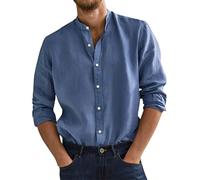 Camicie in cotone e lino da uomo casual a maniche lunghe con colletto Henley e bottoni, camicia elasticizzata in tinta unita, vestibilità aderente, camicia da lavoro per il tempo libero, leggera