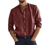 Camicie in cotone e lino da uomo casual a maniche lunghe con colletto Henley e bottoni, camicia elasticizzata in tinta unita, vestibilità aderente, camicia da lavoro per il tempo libero, leggera