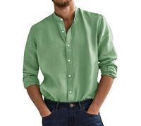 Camicie in cotone e lino da uomo casual a maniche lunghe con colletto Henley e bottoni, camicia elasticizzata in tinta unita, vestibilità aderente, camicia da lavoro per il tempo libero, leggera