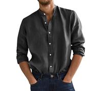Camicie in cotone e lino da uomo casual a maniche lunghe con colletto Henley e bottoni, camicia elasticizzata in tinta unita, vestibilità aderente, camicia da lavoro per il tempo libero, leggera