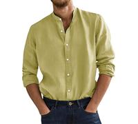 Camicie in cotone e lino da uomo casual a maniche lunghe con colletto Henley e bottoni, camicia elasticizzata in tinta unita, vestibilità aderente, camicia da lavoro per il tempo libero, leggera