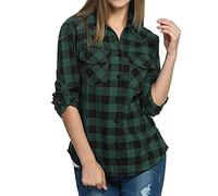 Camicie in flanella a quadri da donna taglie forti in cotone stile Lumberjack a maniche lunghe, con bottoni, modello boyfriend, camicie tartan eleganti e casual, a quadri, per il lavoro, top, Verde