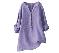 Camicie in lino con maniche a 3/4 per donna Solid Spring Oversize 2026 Top a maniche lunghe Button Down Trendy Loose Fit Peplo ricamato casual Stand Collar Manica arrotolata Scollo a V Mid, Viola, 3XL