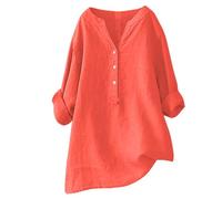 Camicie in lino con maniche a 3/4 per donna Solid Spring Oversize 2026 Top a maniche lunghe Button Down Trendy Loose Fit Peplo ricamato casual Stand Collar Manica arrotolata Scollo a V Mid, Arancione
