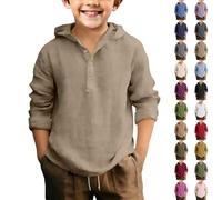 Camicie in lino per ragazzi, a maniche lunghe, per bambini, con cappuccio a 1/4 bottoni, camicetta a maniche lunghe, casual, per scuola, spiaggia, tinta unita, classiche, arrotolabili, rosse