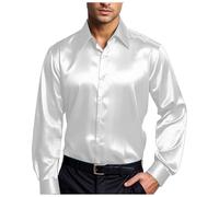 Camicie in raso lucido da uomo a maniche lunghe casual camicie con bottoni anni '70 costume da discoteca fit camicia in raso simile alla seta festa di lavoro, C1 Bianco, XL