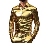 Camicie in seta da uomo, casual a maniche lunghe, patchwork con stampa colorata, top a maniche lunghe, camicia da uomo, Oro, L