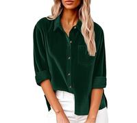 Camicie in velluto a coste a maniche lunghe da donna con bottoni casual con scollo a V chic ed elegante di grandi dimensioni tinta unita risvolto maglietta top camicetta tunica, 01#verde, L
