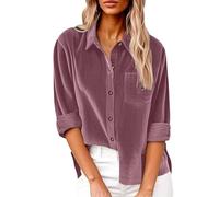 Camicie in velluto a coste a maniche lunghe da donna con bottoni casual con scollo a V chic ed elegante di grandi dimensioni tinta unita risvolto maglietta top camicetta tunica, 01#rosa, L