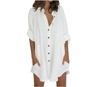 Camicie lunghe da donna con maniche 3/4, stile casual, larghe, con bottoni, collo alto, tunica con tasca, blusa leggera in lino e cotone per l'estate, per la spiaggia, taglie forti, 56/61 cm, bianco