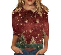 Camicie natalizie casual da donna a maniche a 3/4 camicette con albero di Natale carino stampa pullover top girocollo grafica magliette da donna casual, T-shirt da donna Wine-Christmas UK, M