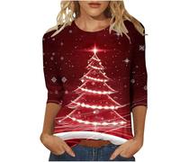 Camicie natalizie da donna a maniche lunghe glitterate con stampa albero di Natale a 3/4 top pullover girocollo camicetta maglietta casual da donna, T-shirt da donna Wine-Christmas UK, M