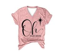 Camicie natalizie da donna retrò abiti natalizi Oh Night Divine donna stampa lettera scollo a V tunica maniche corte top abbigliamento sportivo interno esterno, rosa, L