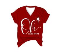 Camicie natalizie da donna retrò abiti natalizi Oh Night Divine donna stampa lettera scollo a V tunica maniche corte top abbigliamento sportivo interno esterno, Rosso, L