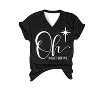 Camicie natalizie da donna retrò abiti natalizi Oh Night Divine donna stampa lettera scollo a V tunica maniche corte top abbigliamento sportivo interno esterno, Nero , L