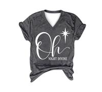 Camicie natalizie da donna retrò abiti natalizi Oh Night Divine donna stampa lettera scollo a V tunica maniche corte top abbigliamento sportivo interno esterno, Grigio, L