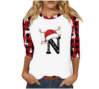 Camicie natalizie da donna vestibilità ampia Autunno/Inverno Manica a sette quarti Stampa Lettera di Natale Top Casual Maglietta a maniche lunghe, Magliette nere oversize per le donne, S